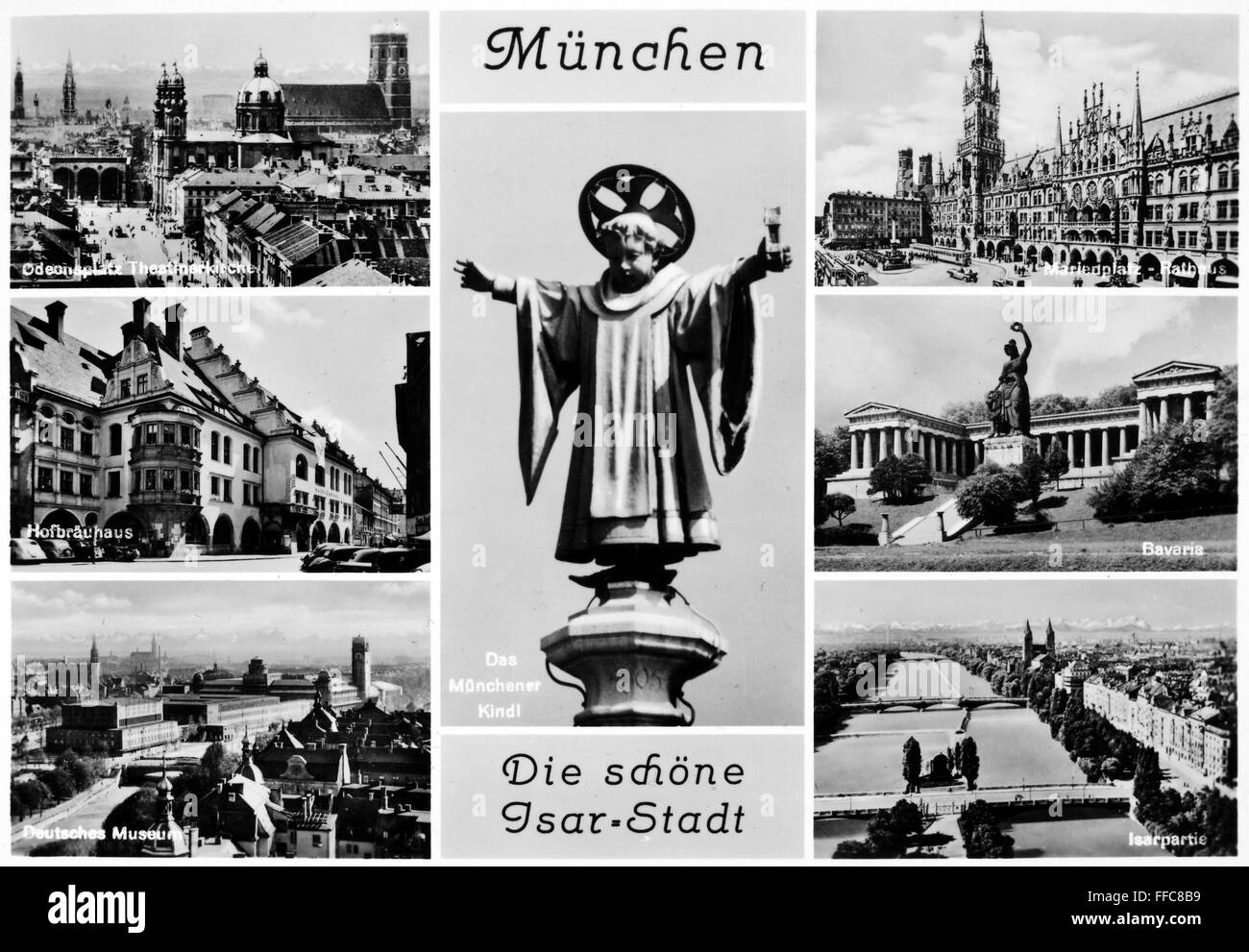 GERMANY: MUNICH, 1930s. /nGerman postcard, 1930s, featuring various photographic views of the city of Munich. Stock Photo