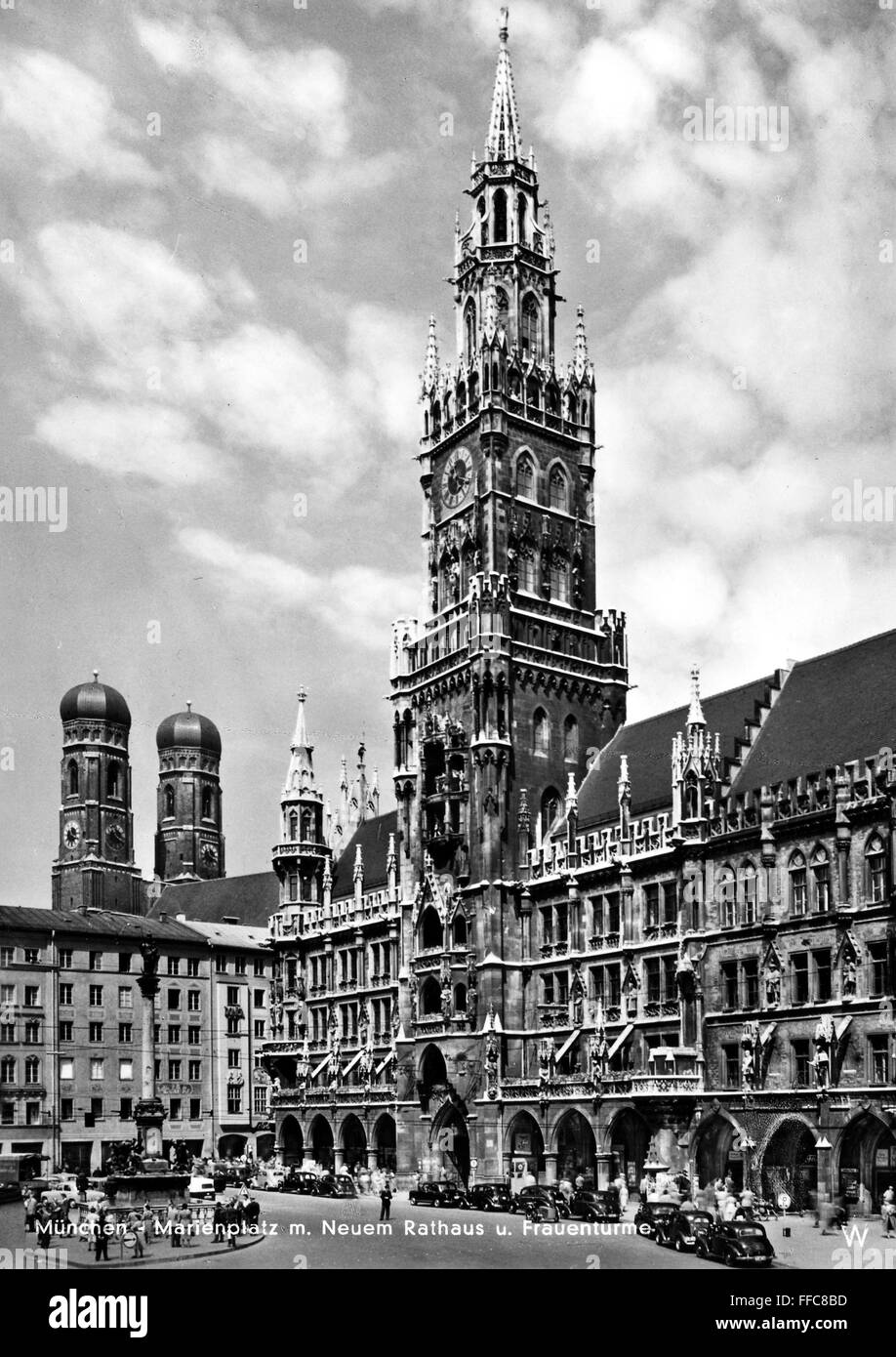 GERMANY: MUNICH, 1940s. /nView of the Marienplatz in Munich, Germany, with City Hall at right. Photographed 1940s. Stock Photo