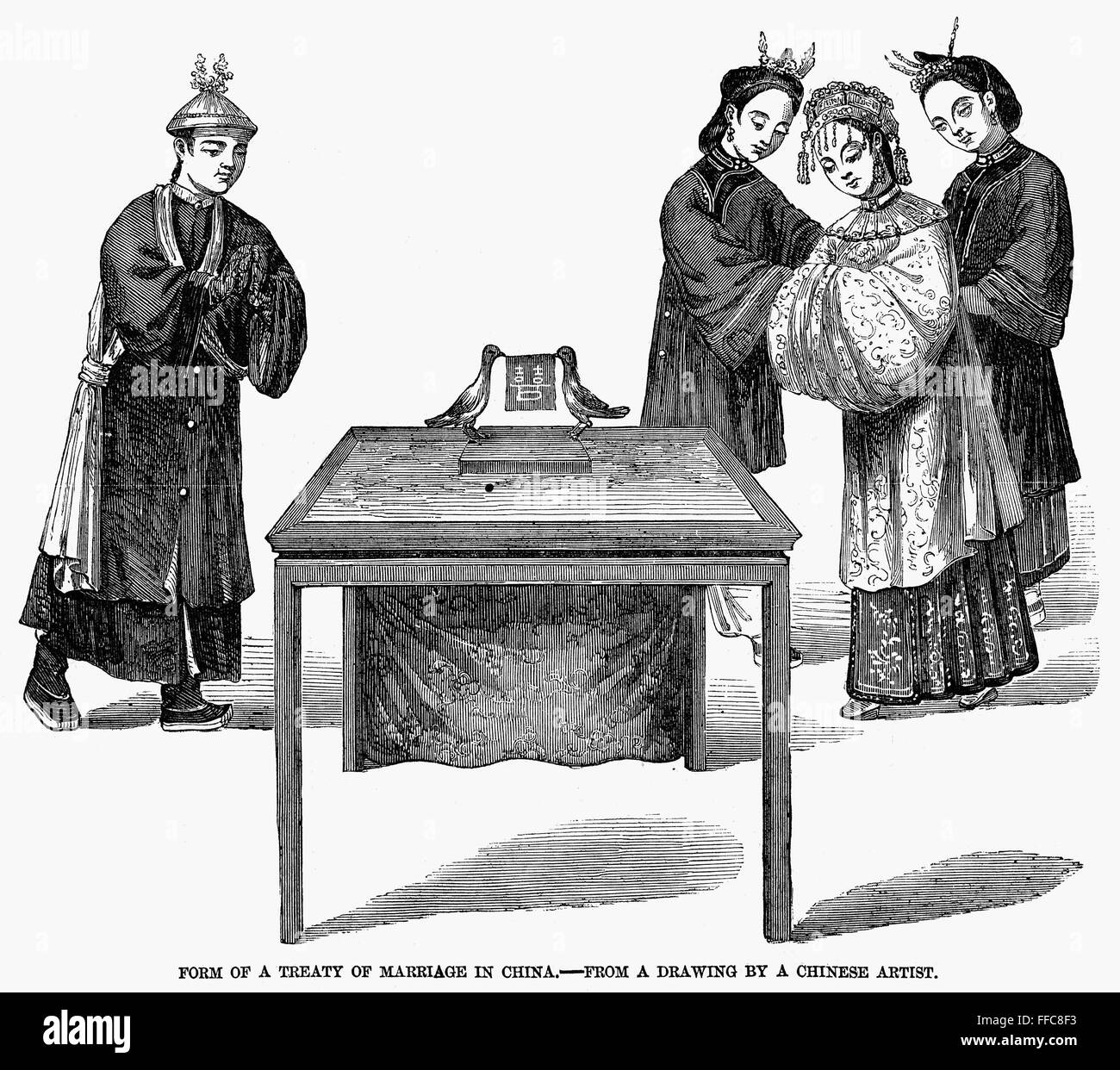 CHINA: MARRIAGE, 1857. /nForm of a treaty of marriage in China. Wood engraving, 1857. Stock Photo