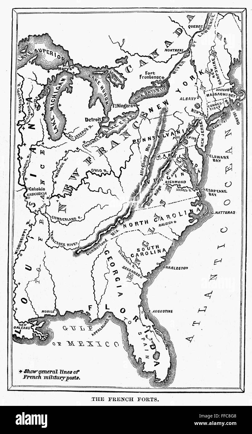 MAP: COLONIAL AMERICA. /nA map of the thirteen original American colonies and neighboring French and Spanish colonial possessions, mid-18th century. Line engraving, late 19th century. Stock Photo