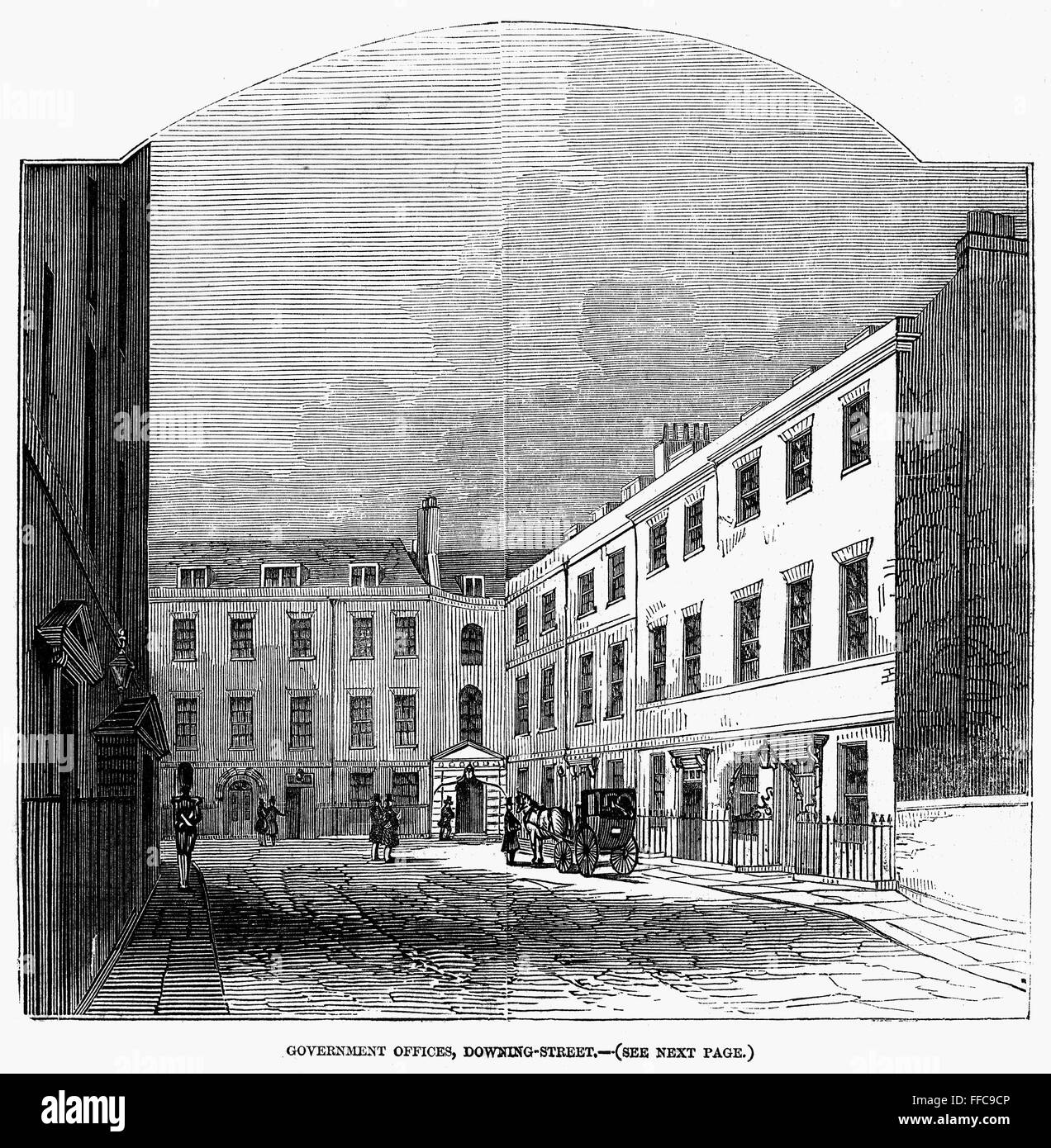 LONDON: DOWNING STREET. /nView of British government office buildings on Downing Street, London, England. Wood engraving, English, 1846. Stock Photo