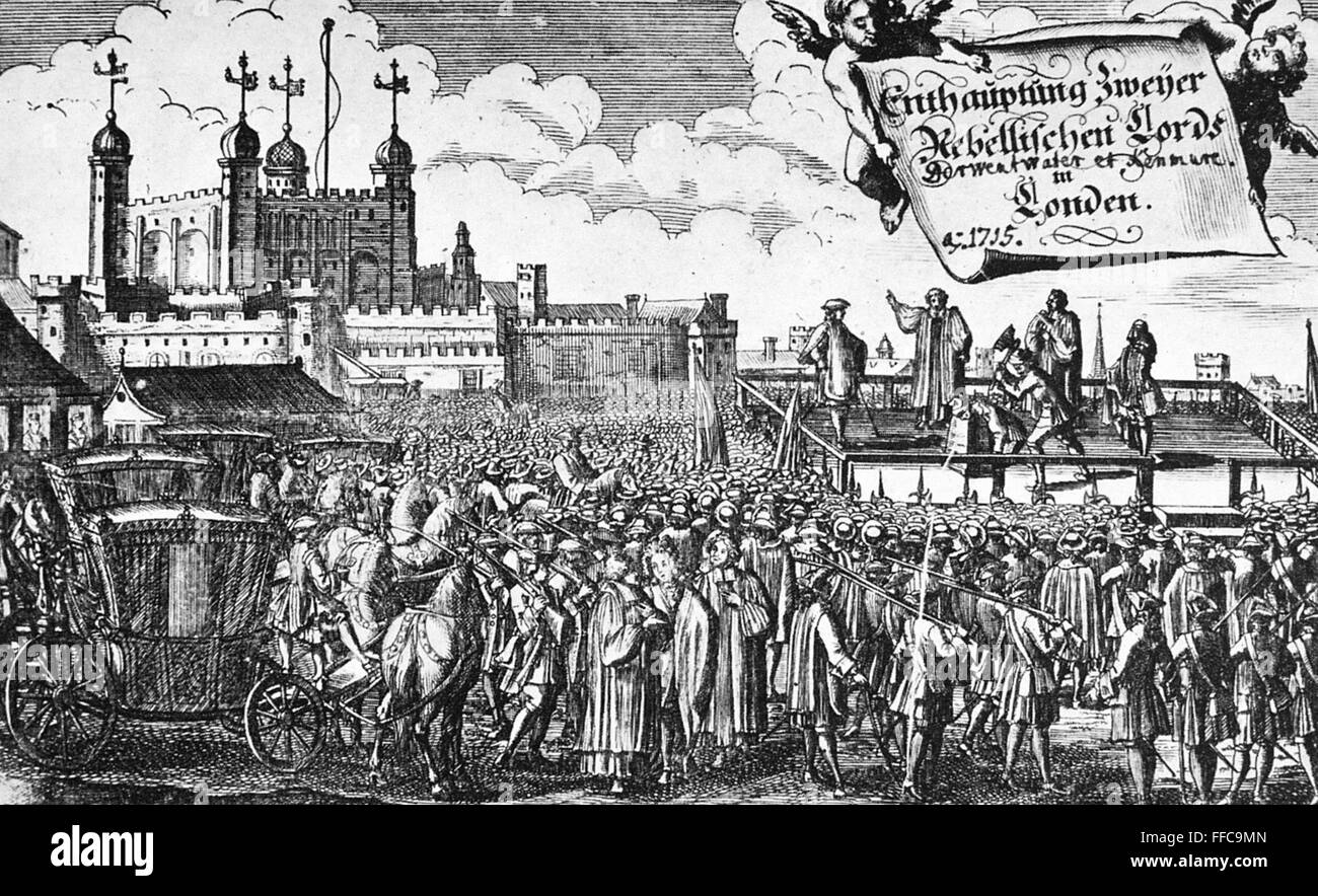 JACOBITE UPRISING, 1716. /nThe execution of the Jacobite Lords at Tower Hill, London, England, Februay 1716. Contemporary line engraving. Stock Photo