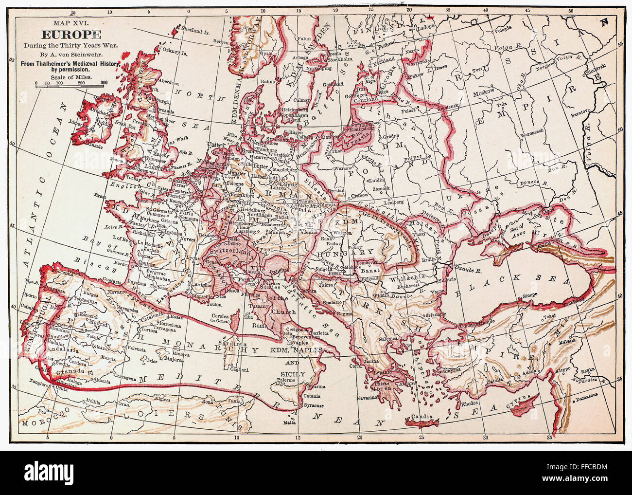 MAP: THIRTY YEARS' WAR. /nMap of Europe during the Thirty Years' War, 17th century. Stock Photo