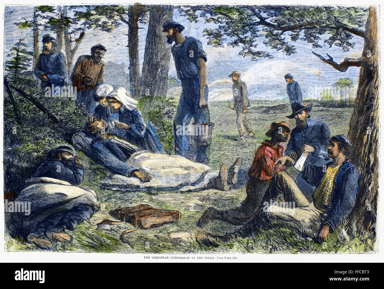 CIVIL WAR: WOUNDED, 1864. /nVolunteers of the Christian Commission give first aid to wounded Union soldiers at a battlefield during the American Civil War. Wood engraving, American, 1864. Stock Photo