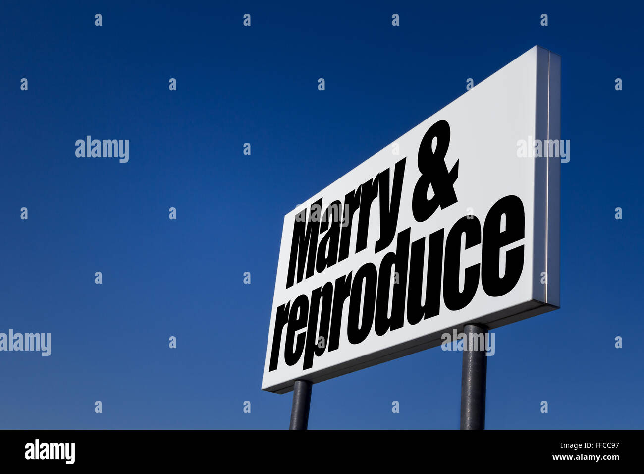 Big ad panel, embossed with the message 'Marry and reproduce', isolated on blue sky. Stock Photo