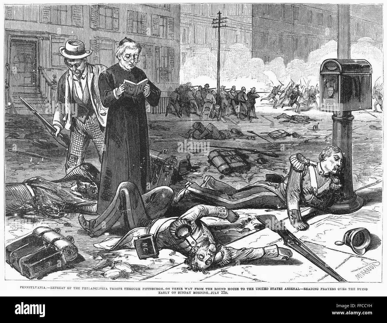 GREAT RAILROAD STRIKE, 1877. /nA priest reads prayers over dying militiamen as the troops retreat through Pittsburgh, Pennsylvania, during the Great Railroad Strike, 22 July 1877. Contemporary American wood engraving. Stock Photo