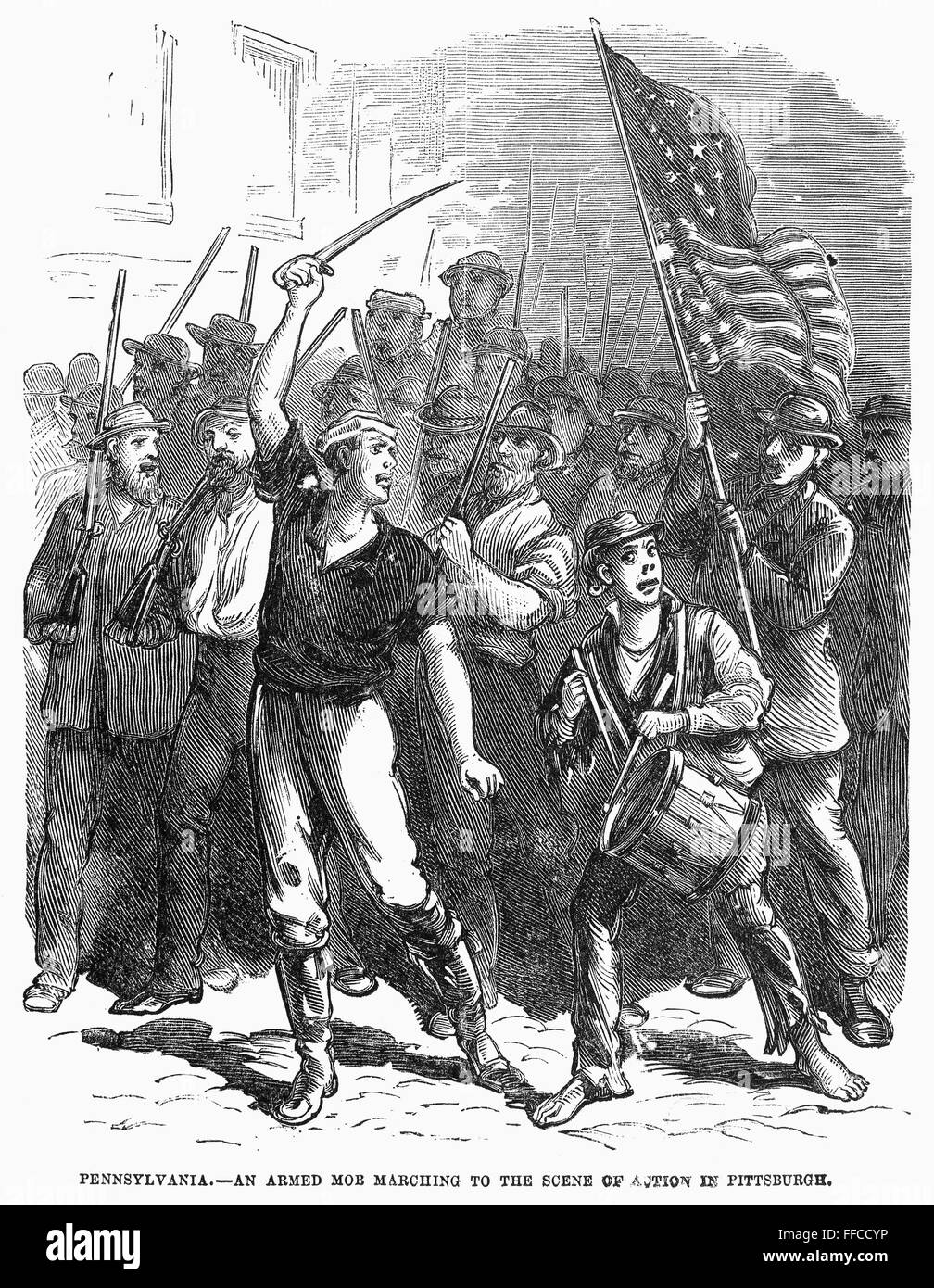 GREAT RAILROAD STRIKE, 1877. /nArmed strikers marching to the railroad