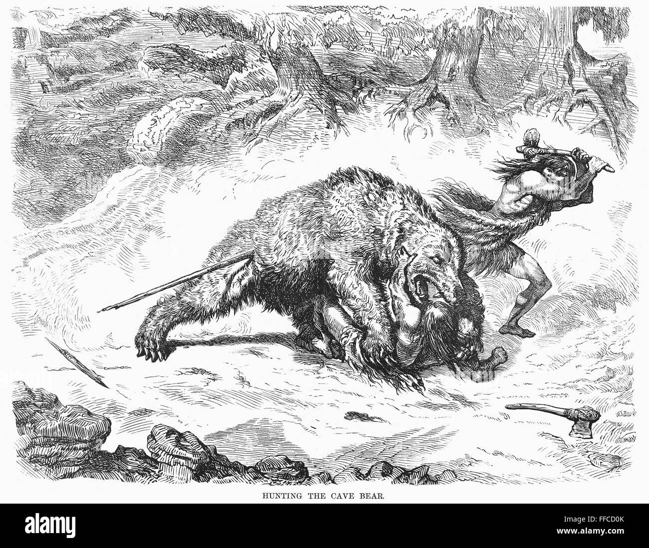 PREHISTORIC BEAR HUNT. /nWood engraving, American, 1873. Stock Photo