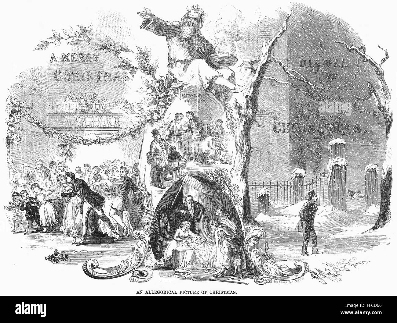 CHRISTMAS ALLEGORY, 1852. /n'An allegorical picture of Christmas.' Wood engraving, American, 1852. Stock Photo