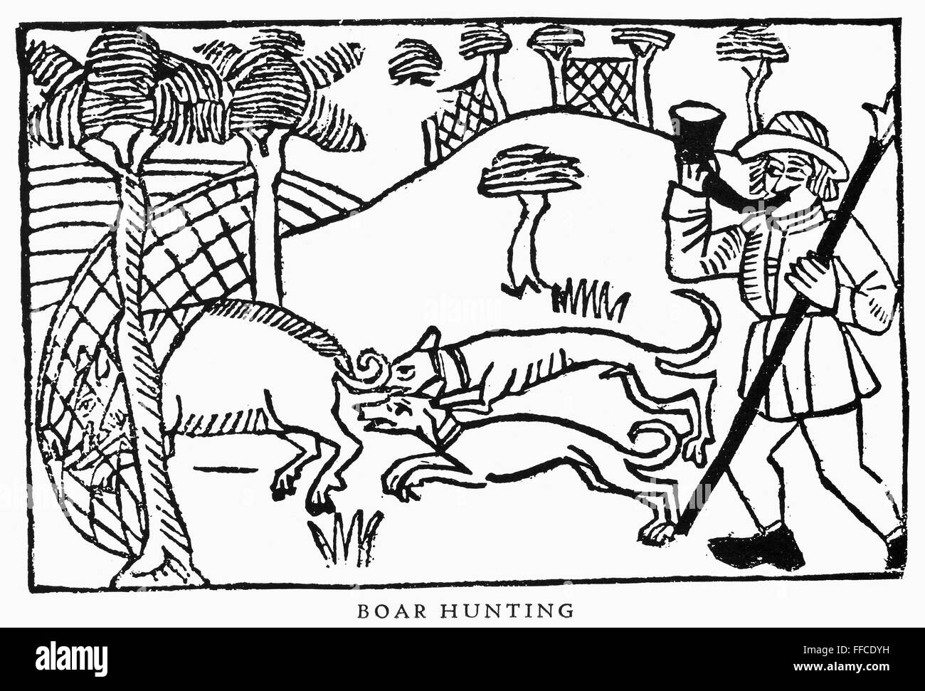 BOAR HUNTING, 1486. /nWoodcut from 'Le Livre du Roy Modus,' 1486. Stock Photo