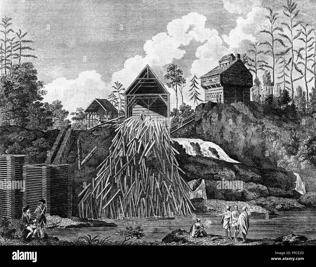 SAWMILL, 1777. /nA sawmill in Fort Anne, New York. Line engraving, 1777 Stock Photo Alamy