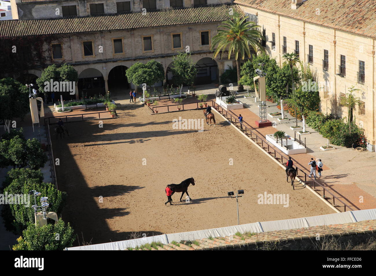 Raised angle view courtyard of equestrian centre, Caballerizas Reales de Cordoba, Royal Stables, Cordoba, Spain Stock Photo