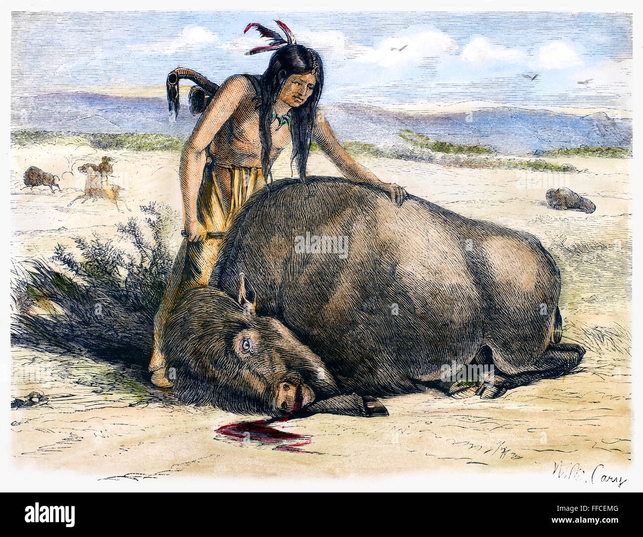 NATIVE AMERICAN AND BUFFALO. /nNative American method of cutting up the buffalo. Line engraving, 19th century. Stock Photo