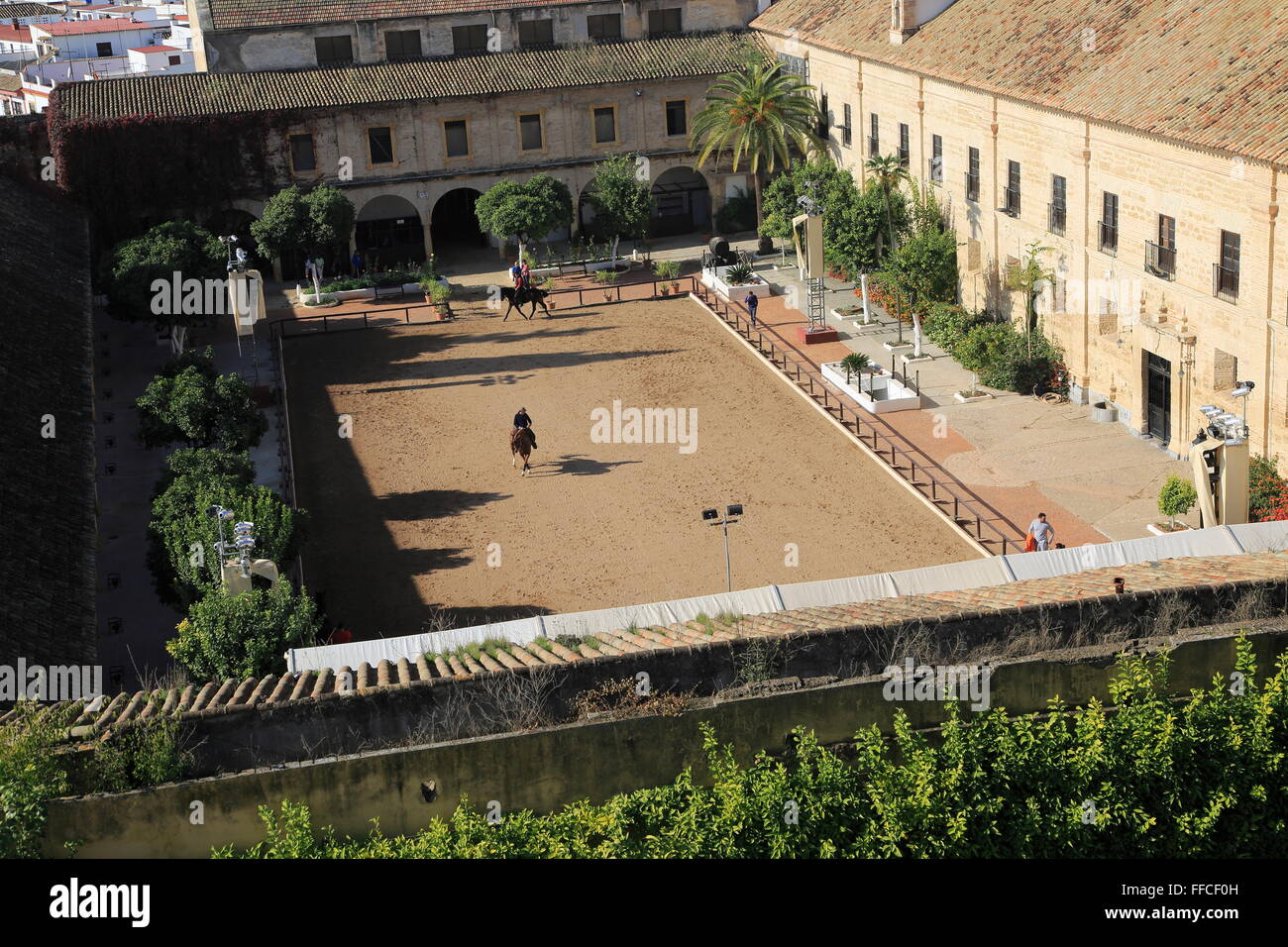 Raised angle view courtyard of equestrian centre, Caballerizas Reales de Cordoba, Royal Stables, Cordoba, Spain Stock Photo