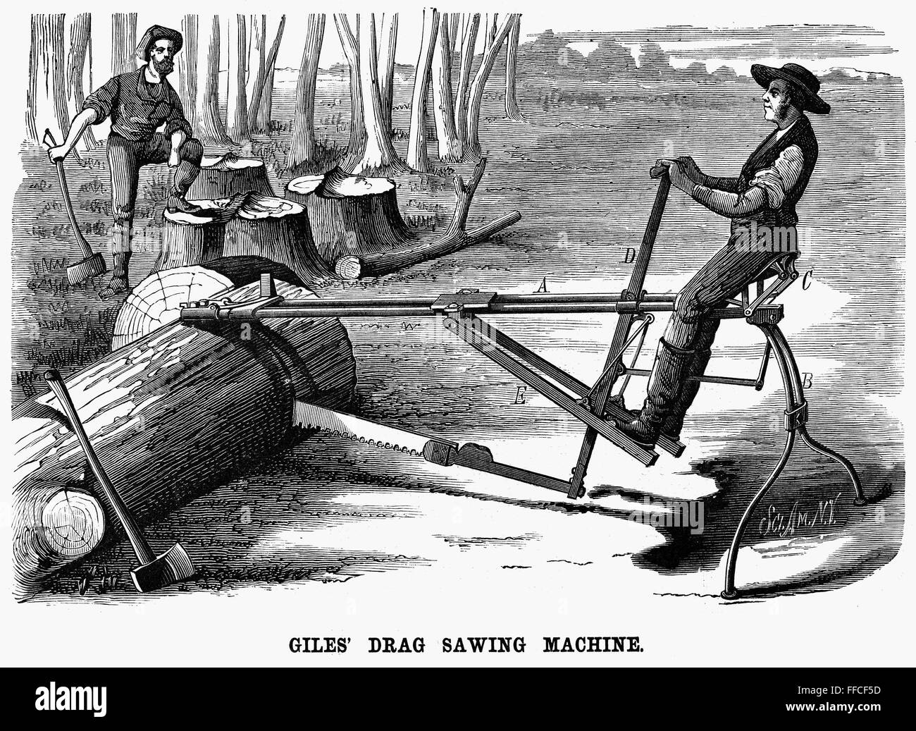 LUMBERING: SAW, 1879. /n'Giles Drag Sawing Machine.' Wood engraving, American, 1879. Stock Photo