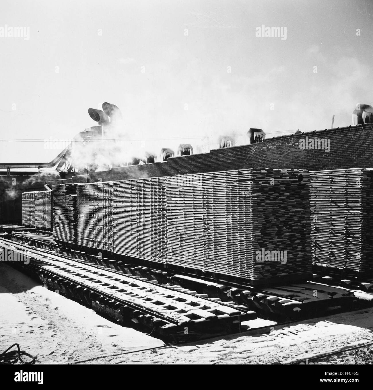 LUMBER MILL, c1955. /nStacks of lumber ready for the dry kilns at Conner Lumber & Lard Company's mill at Laona, Wisconsin. Photograph, mid-20th century. Stock Photo