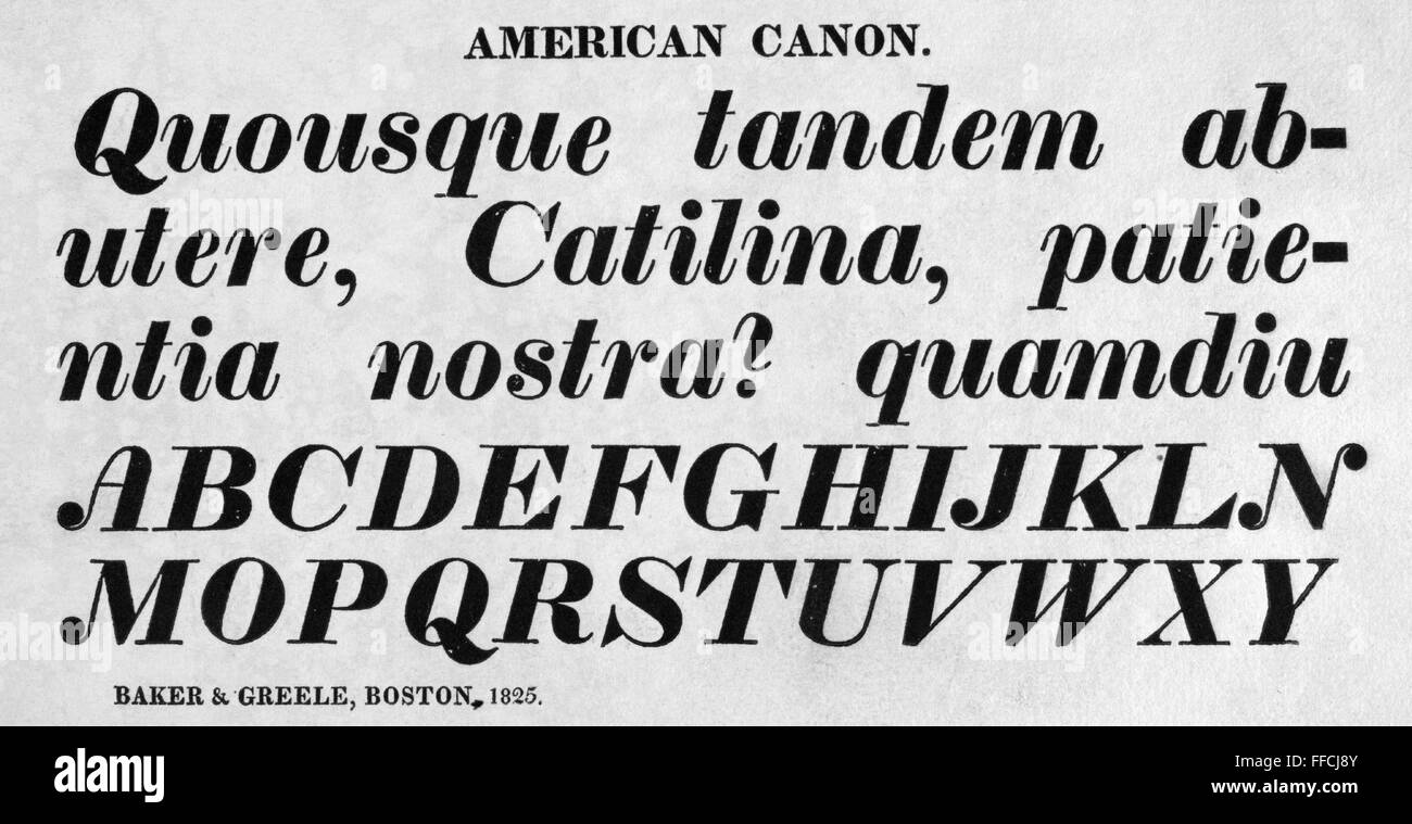 TYPOGRAPHY, 1825. /n'American canon,' a typeface from the catalog of Baker & Greele, Boston, 1825. Stock Photo