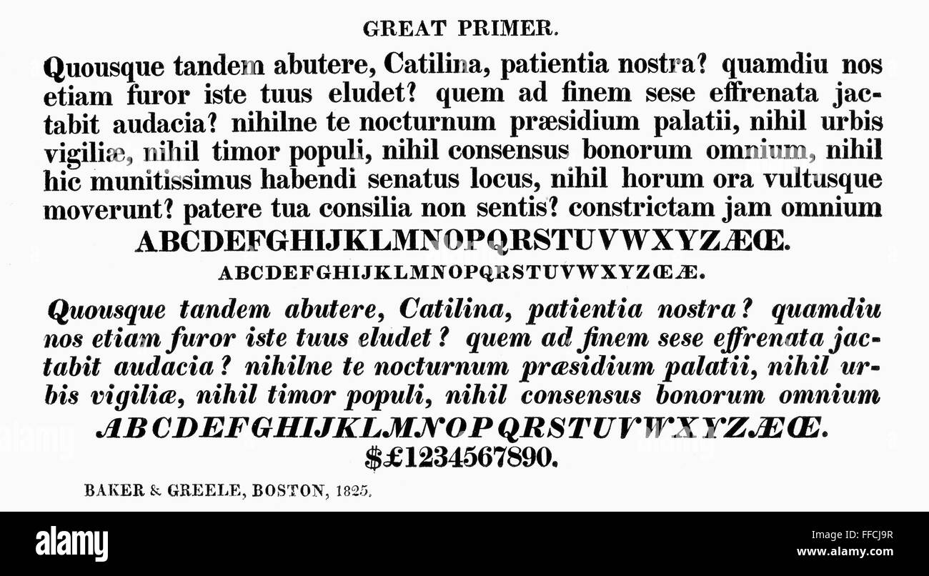 TYPOGRAPHY, 1825. /nGreat primer, a typeface from the catalog of Baker & Greele, Boston, 1825. Stock Photo