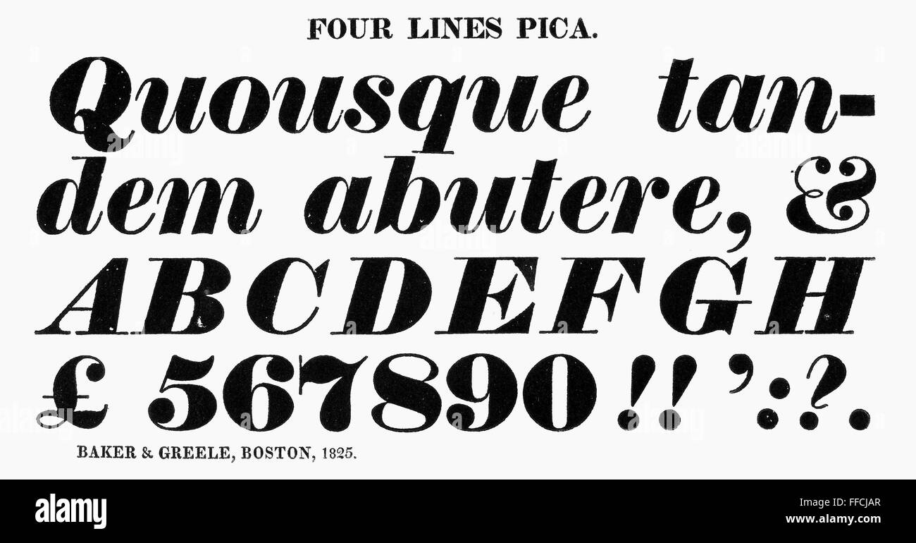 TYPOGRAPHY, 1825. /nFour lines pica, a typeface from the catalog of Baker & Greele, Boston, 1825. Stock Photo