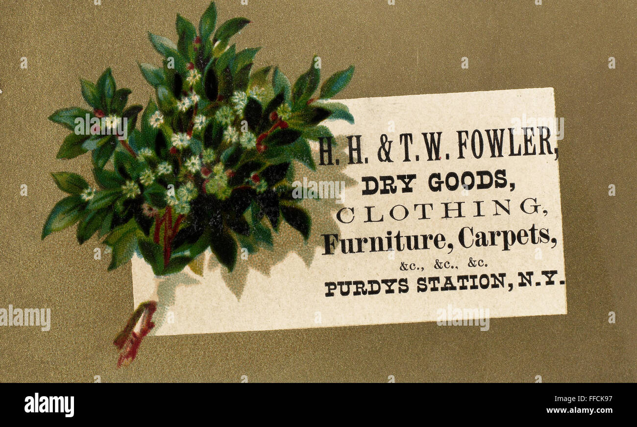 TRADE CARD, c1880. /nH.H. and T.W. Fowler dry goods store, Purdy's Station, New York. American merchant's trade card, c1880. Stock Photo