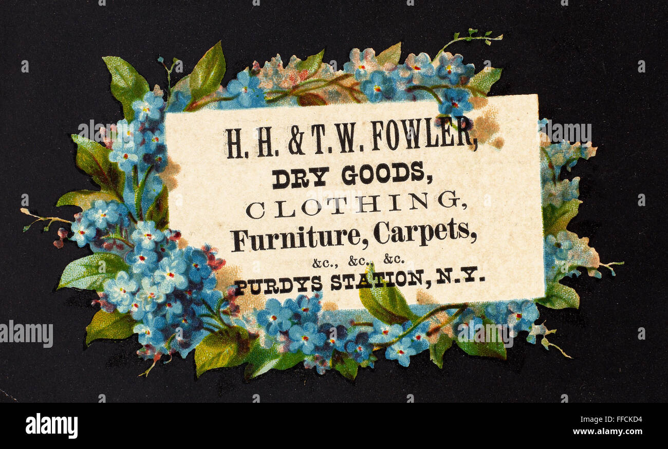 TRADE CARD, c1880. /nH.H. and T.W. Fowler Dry Goods store, Purdy's Station, New York. American merchant's trade card, c1880. Stock Photo