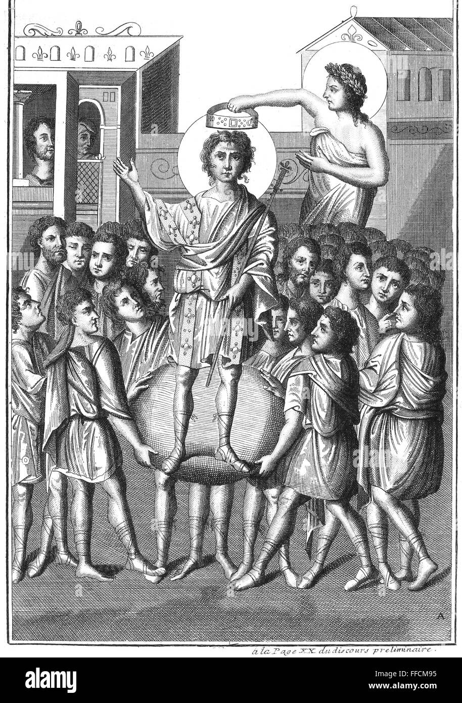 CROWNING OF A FRENCH KING. /nInauguration on a shield. Representation