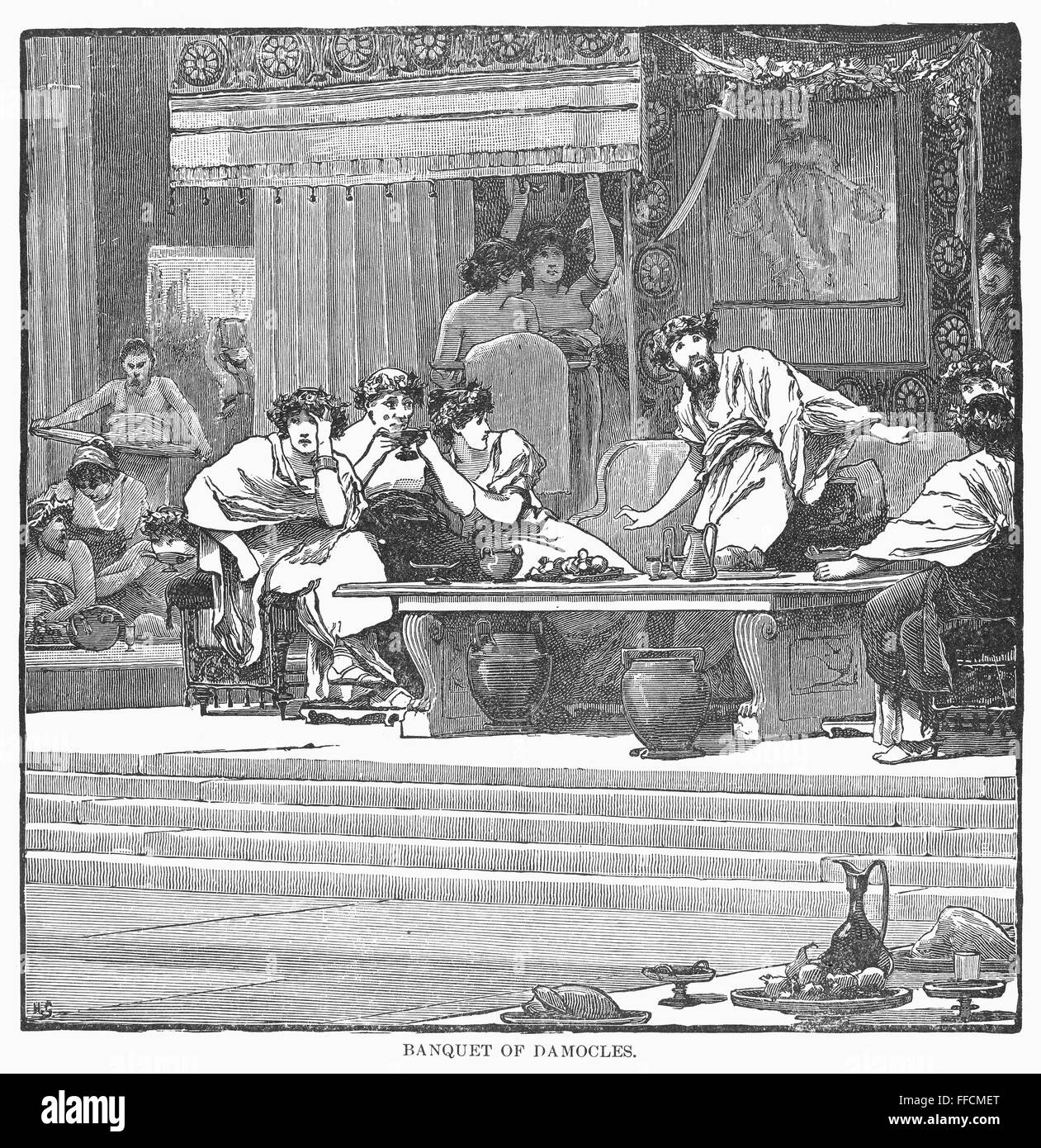 DAMOCLES (4th CENTURY B.C.). /nGreek courtier. Damocles observes the