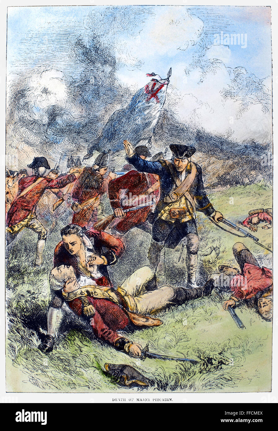 BATTLE OF BUNKER HILL, 1775. /nThe death of Major John Pitcairn of the British Royal Marines at the Battle of Bunker Hill during the American Revolutionary War, 17 June 1775. Wood engraving, English, 19th century. Stock Photo