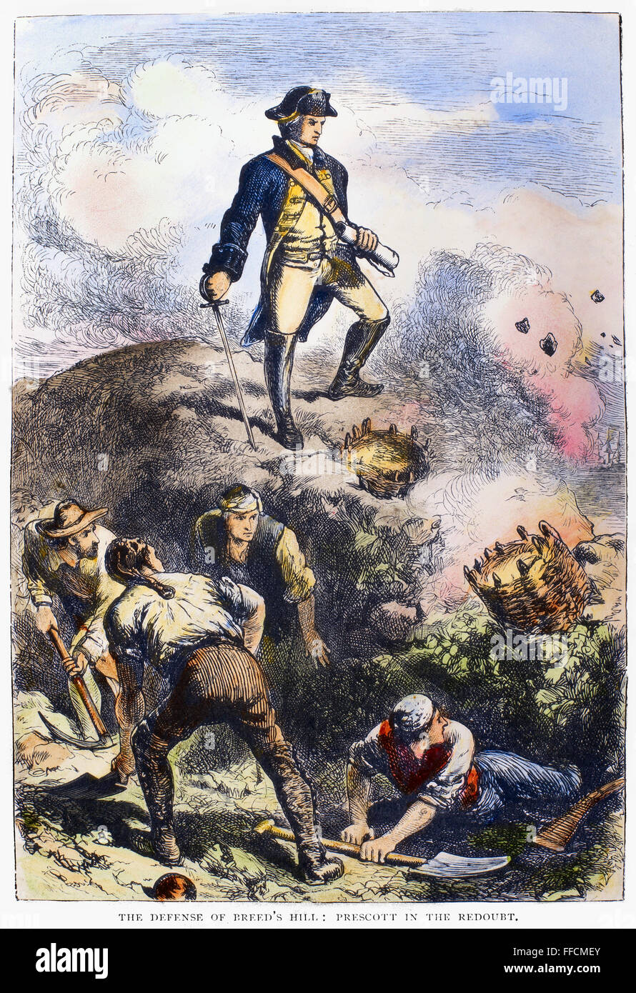 BATTLE OF BUNKER HILL, 1775. /nColonel William Prescott in the redoubt on Breed's Hill during the Battle of Bunker Hill, 17 June 1775. Line engraving, 19th century. Stock Photo