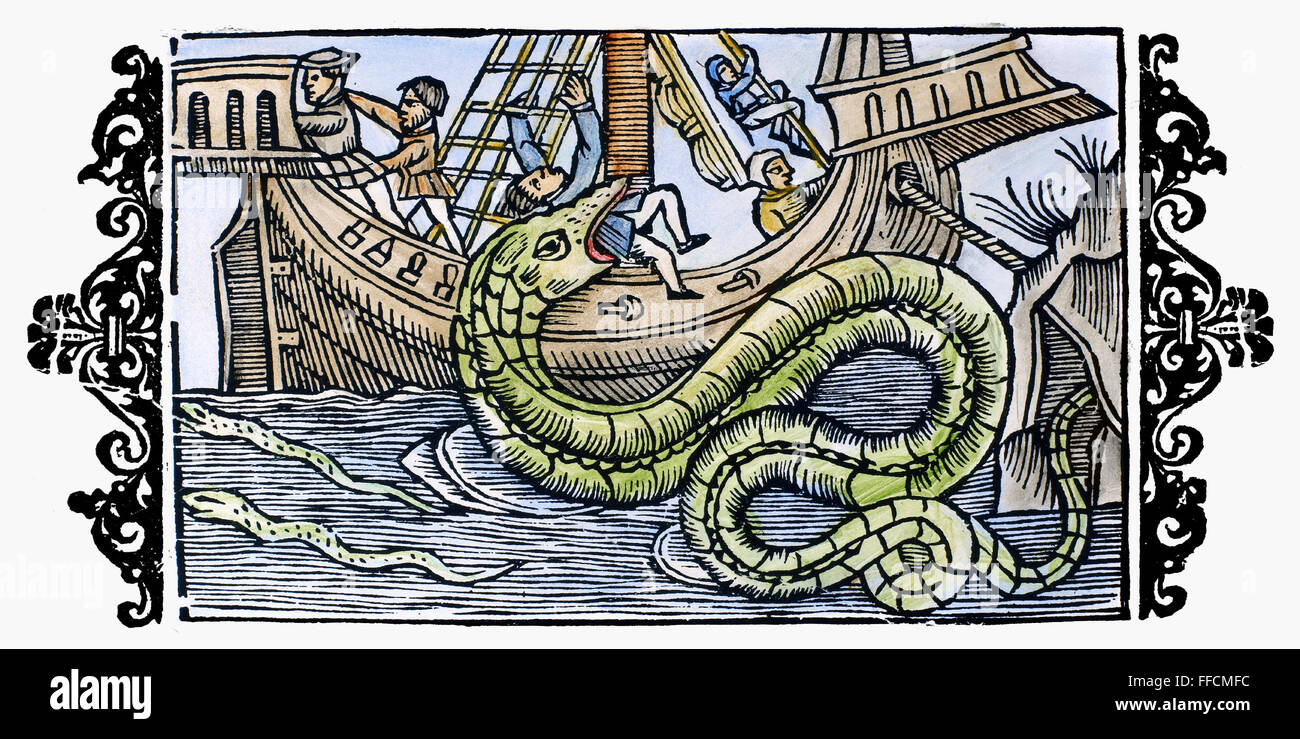 SEA MONSTER, 1555. /nOne of the sea monsters once thought to dwell in the 'Sea of Darkness' to the south and west of Europe. Woodcut from Olaus Magnus' 'Historia de Gentibus Septentrionalibus,' 1555. Stock Photo