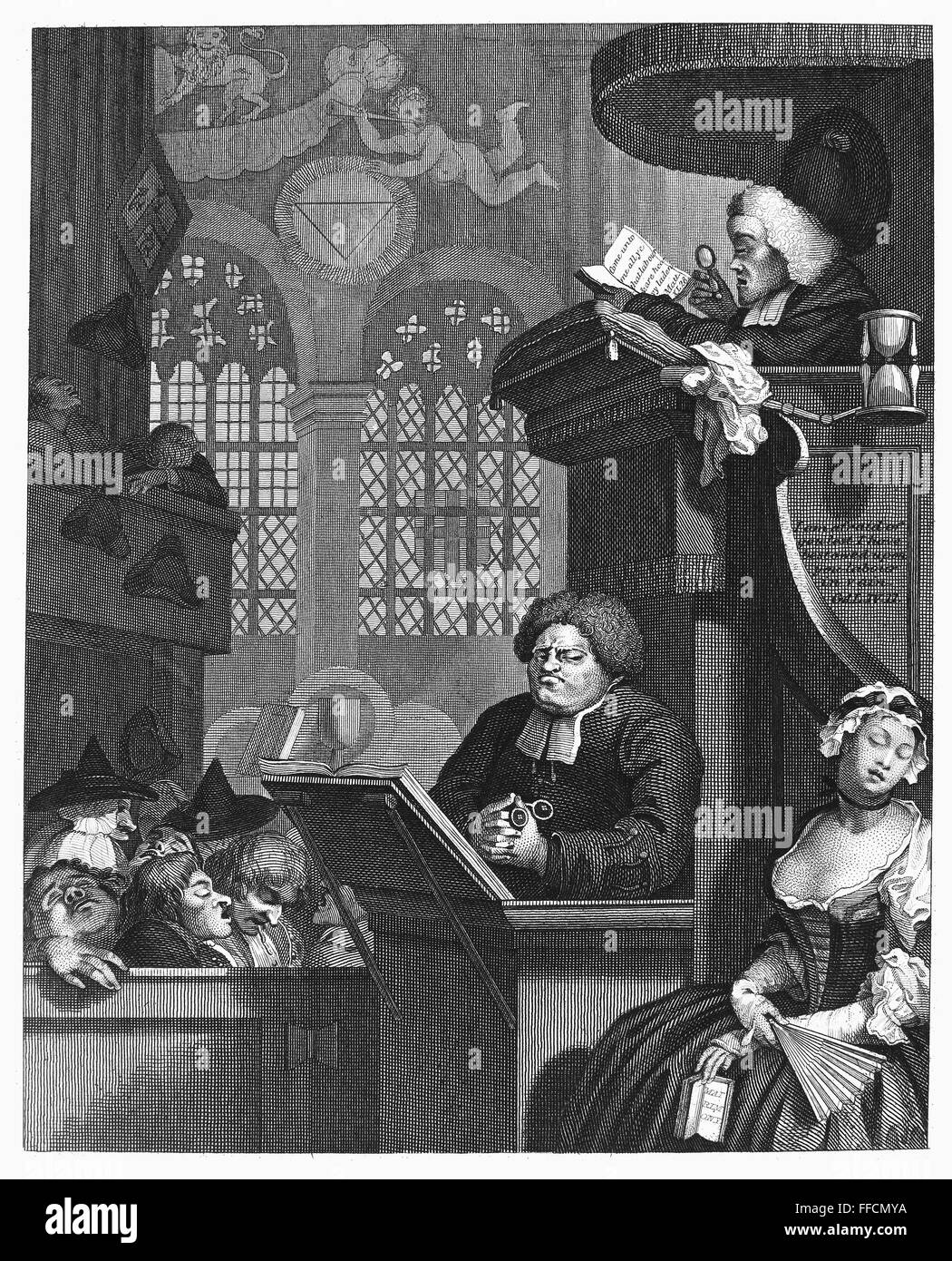 HOGARTH: CHURCH SATIRE. /nThe Sleeping Congregation. Steel engraving, after an 18th-century drawing by William Hogarth. Stock Photo