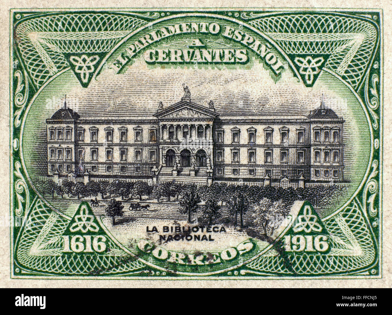 SPAIN: NATIONAL LIBRARY. /nThe National Library of Spain. On a postage stamp, 1916. Stock Photo