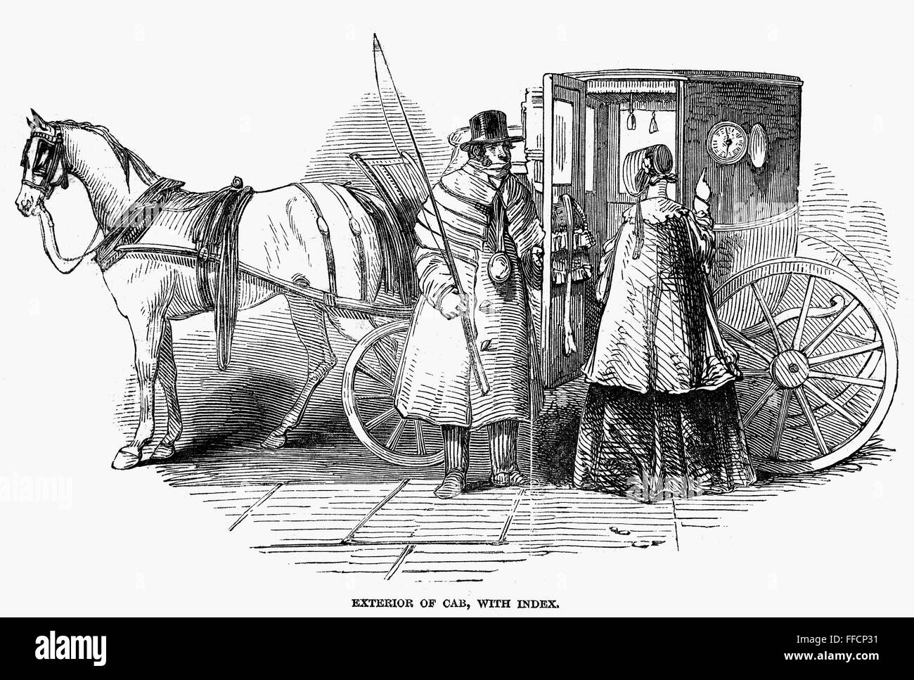 HORSE CARRIAGE, 1847. /nExterior of horsecab, with index. Wood engraving, English, 1847. Stock Photo