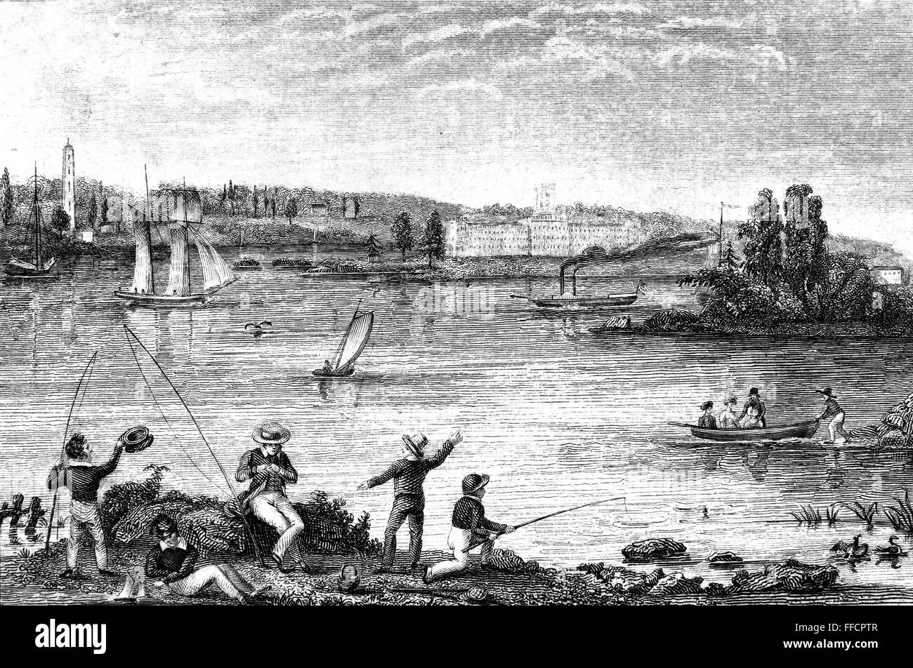 FISHING PARTY, c1835. /nA steamboat approaches as young men are having a fishing party at the river's edge. Line engraving, American, c1835. Stock Photo