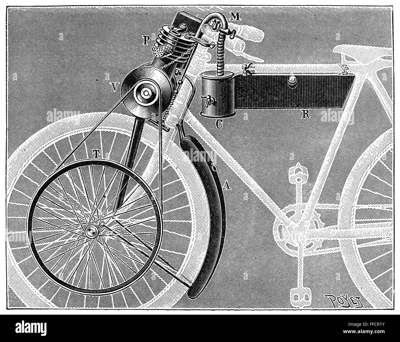 MOTORCYCLE, 1898. /nMotorcycle designed by Werner. Line engraving, 1898. Stock Photo