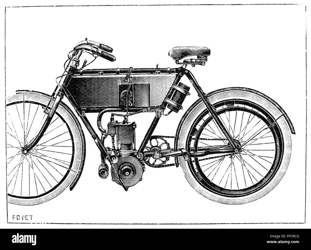 MOTORCYCLE, 1904. /nDesign by Werner. Line engraving, French, 1904. Stock Photo
