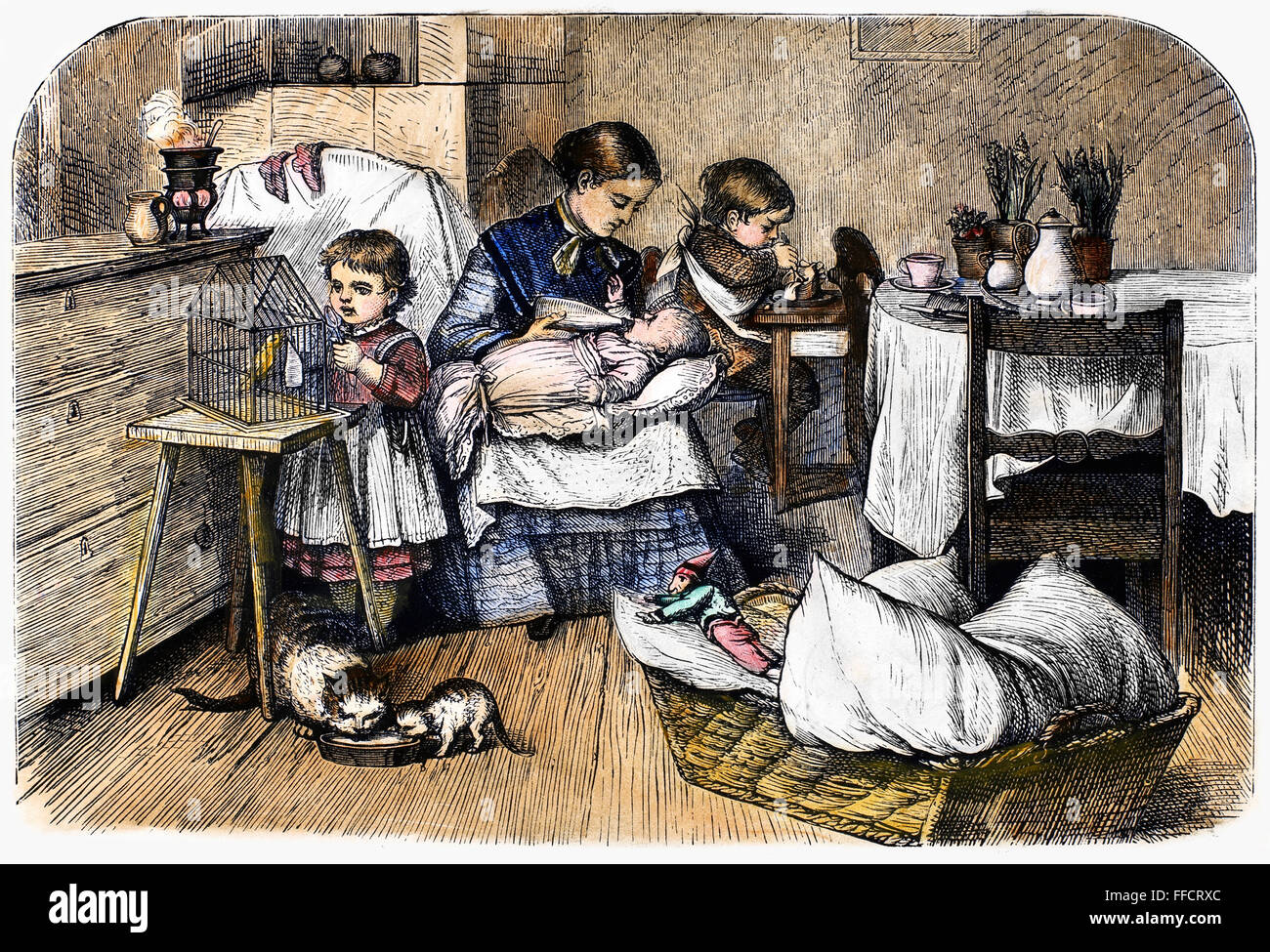 MOTHER AND CHILDREN, 1873. /nWood engraving, American, 1873. Stock Photo