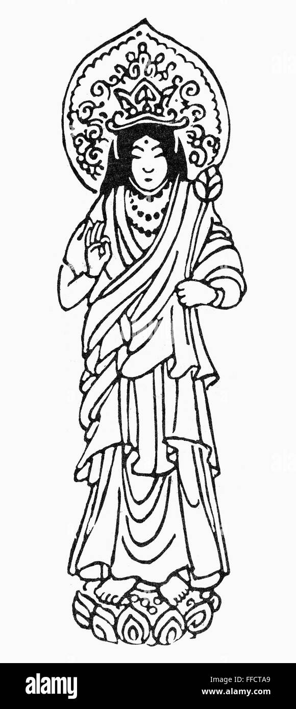 BODHISATTVA: KANNON. /nThe Japanese form of the Bodhisattva Avalokitesvara, deity of compassion and mercy. Line engraving. Stock Photo