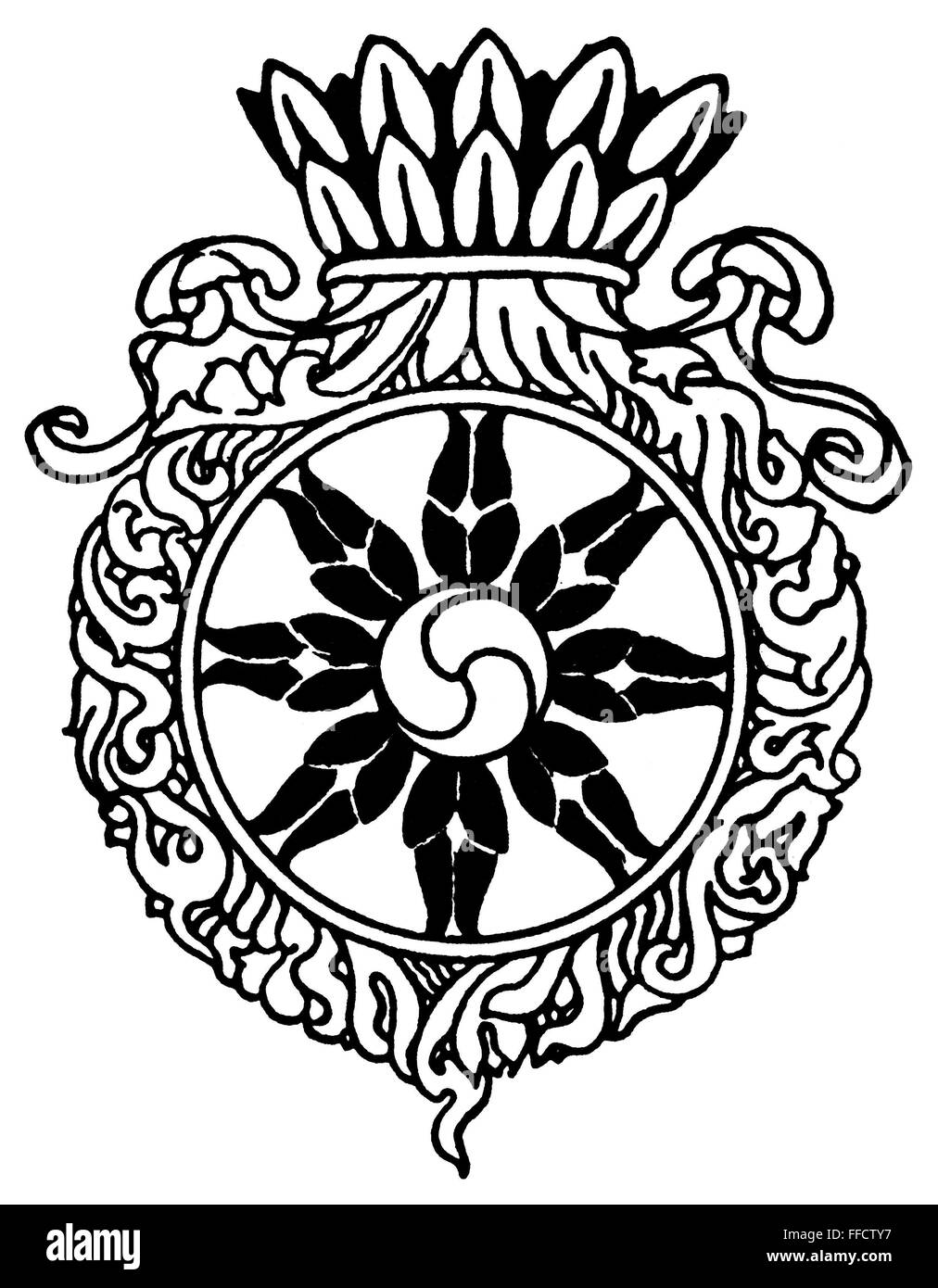 TIBETAN WHEEL OF LAW. /nThe Wheel of Law, or Dharma Wheel, representing