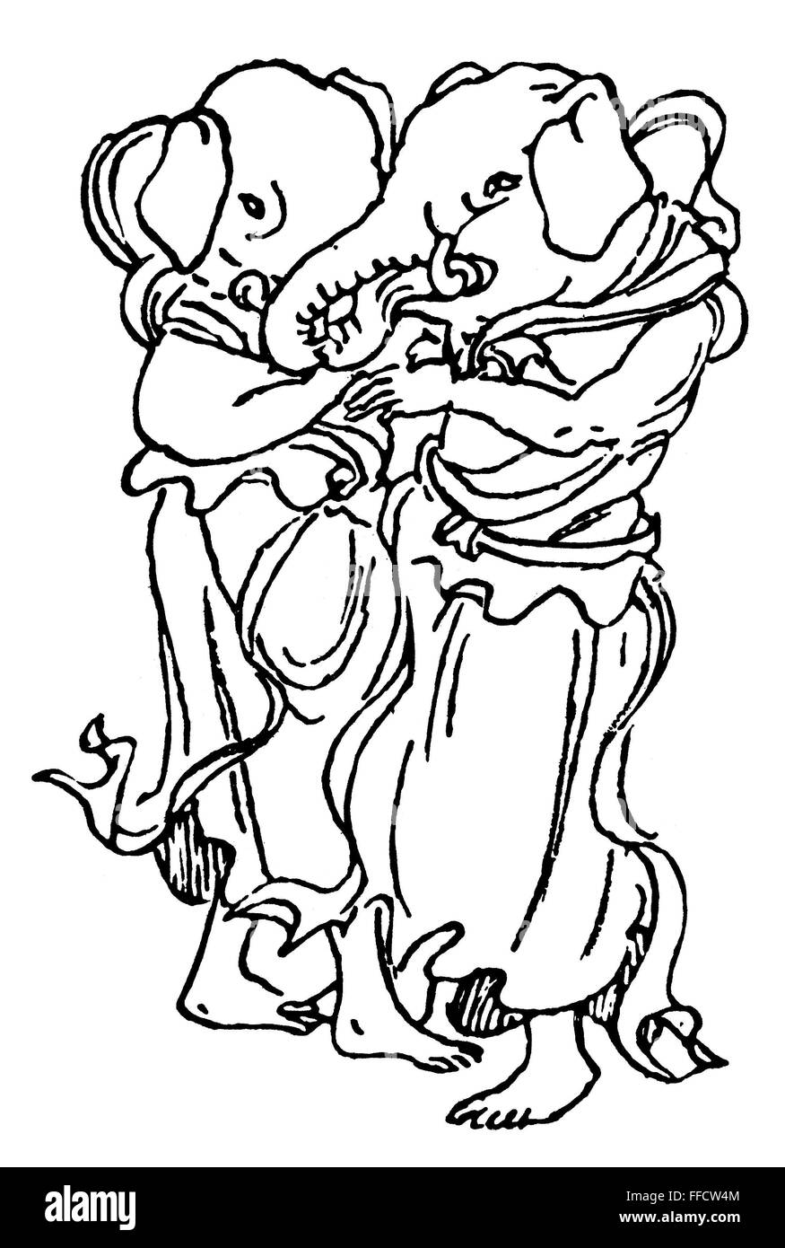 KANGITEN & SHOTEN. /nJapanese Buddhist deities, adapted from the Hindu deity, Ganesh. Deities of marital happiness and good fortune. Line drawing. Stock Photo
