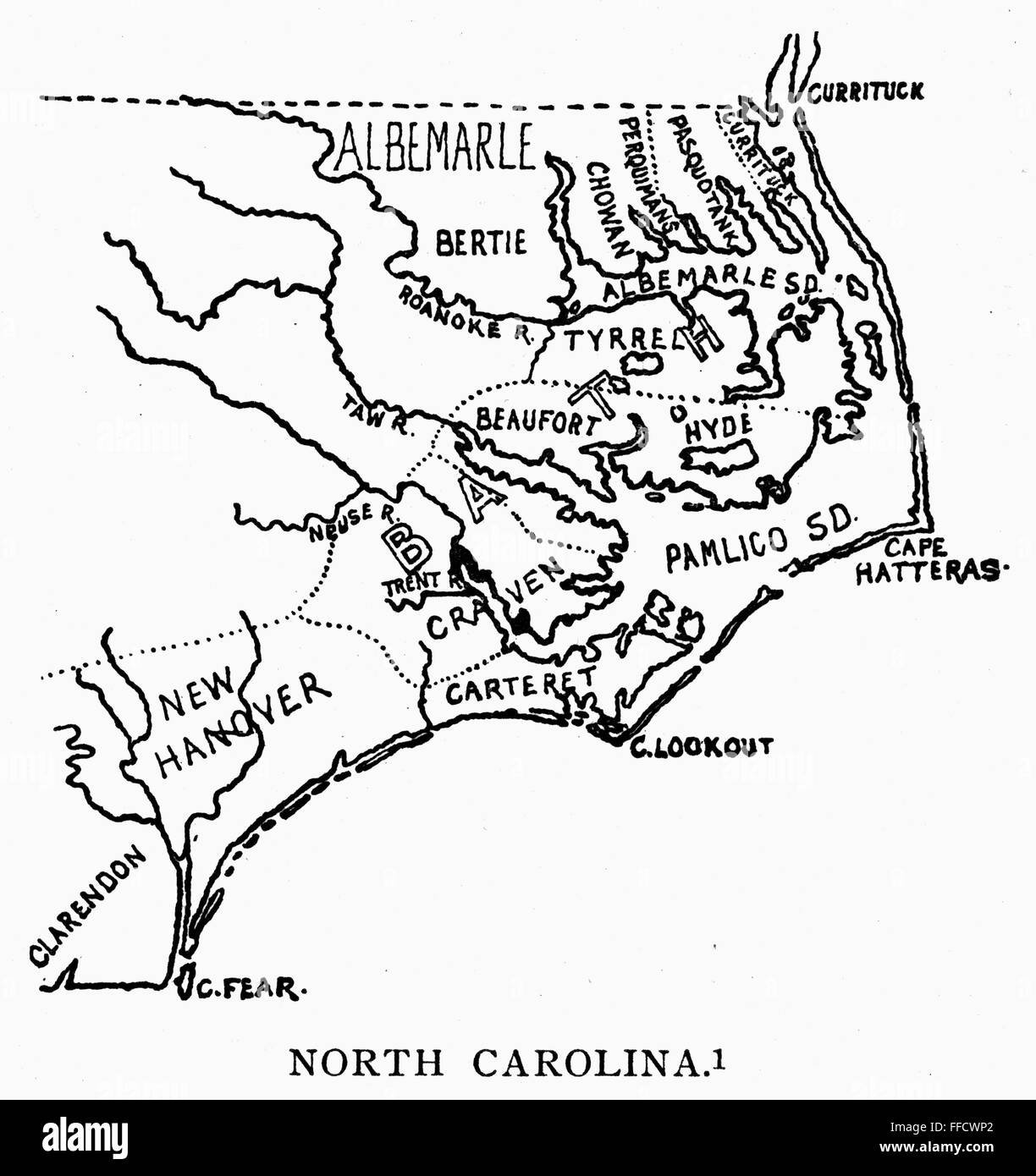 NORTH CAROLINA, c1729. /nMap of the colony of North Carolina, showing