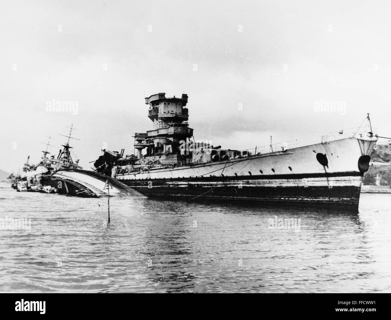 WORLD WAR II: FRENCH FLEET. /nRemnants of the French naval fleet scuttled during the German occupation and laying in the harbor at Toulon, France. Photographed 1943. Stock Photo