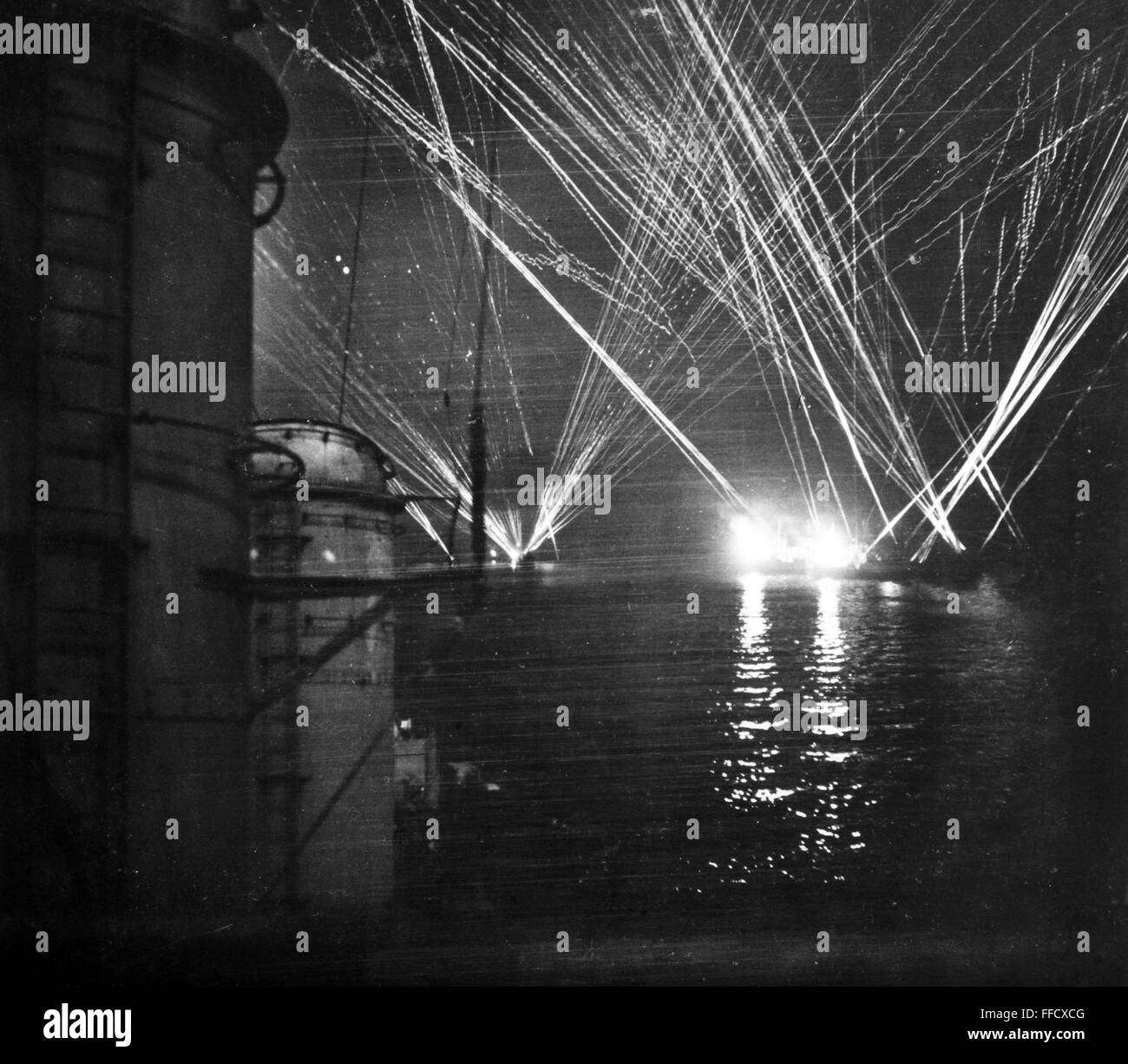 WW II: ANTI-AIRCRAFT FIRE. /nAnti-aircraft fire during a night attack on Allied vessels off Agropoli, Italy, 10 September 1943. Stock Photo