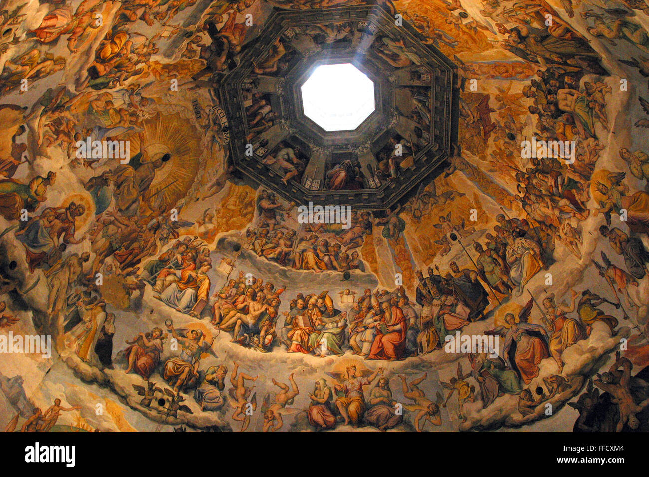 The painted ceiling on the dome of Piazza del Duomo, Florence, Italy. The cathedral was built at the end of the 13th century by Filippo Brunelleschi and then the dome was added in the 15th century. Stock Photo
