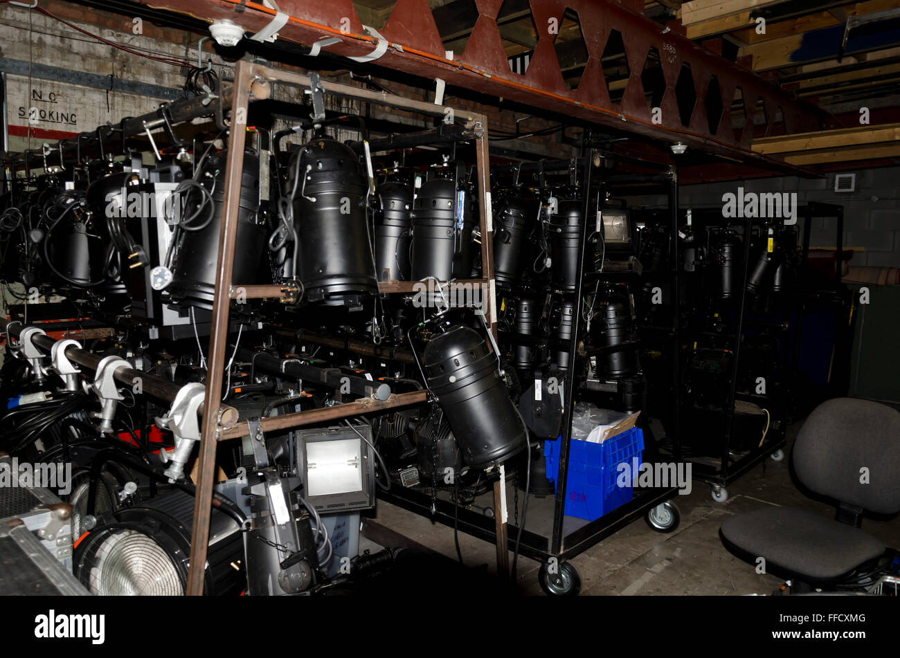 Stage lighting rigs stored underneath the stage in the Lyceum Theatre in the centre of Edinburgh, Scotland. Stock Photo