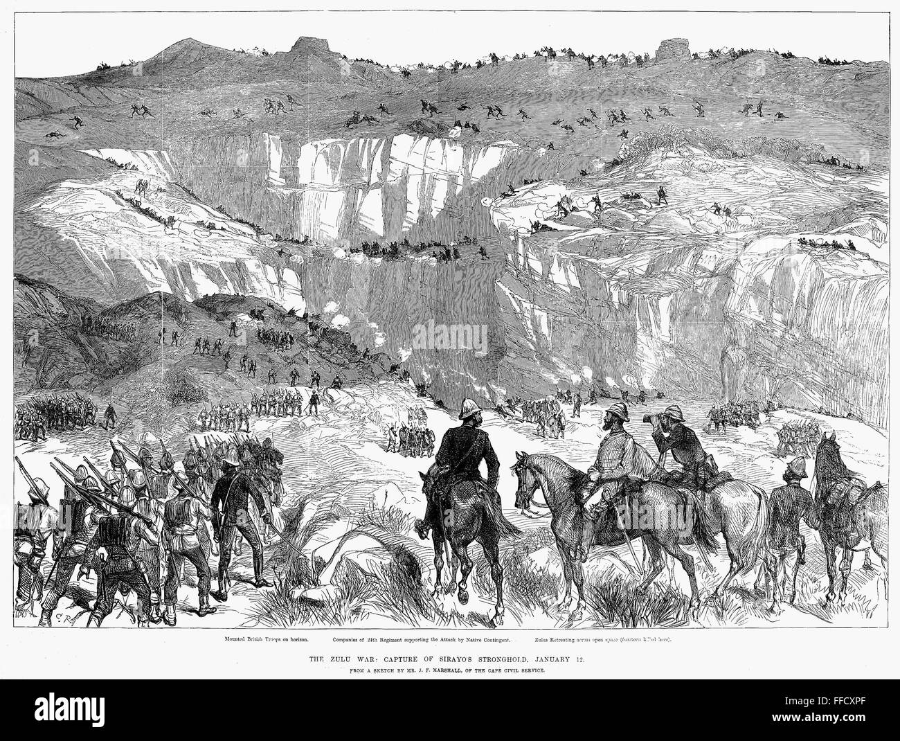 ZULU WAR BATTLE, 1879. /nCapture of a Zulu stronghold by British and