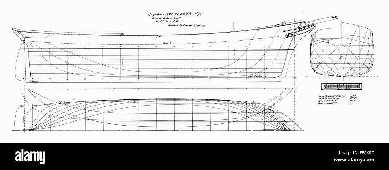 BRIKathleen JenkinsNE PLANS, 1874. /nLines of the brigantine 'J.W. Parker,' built