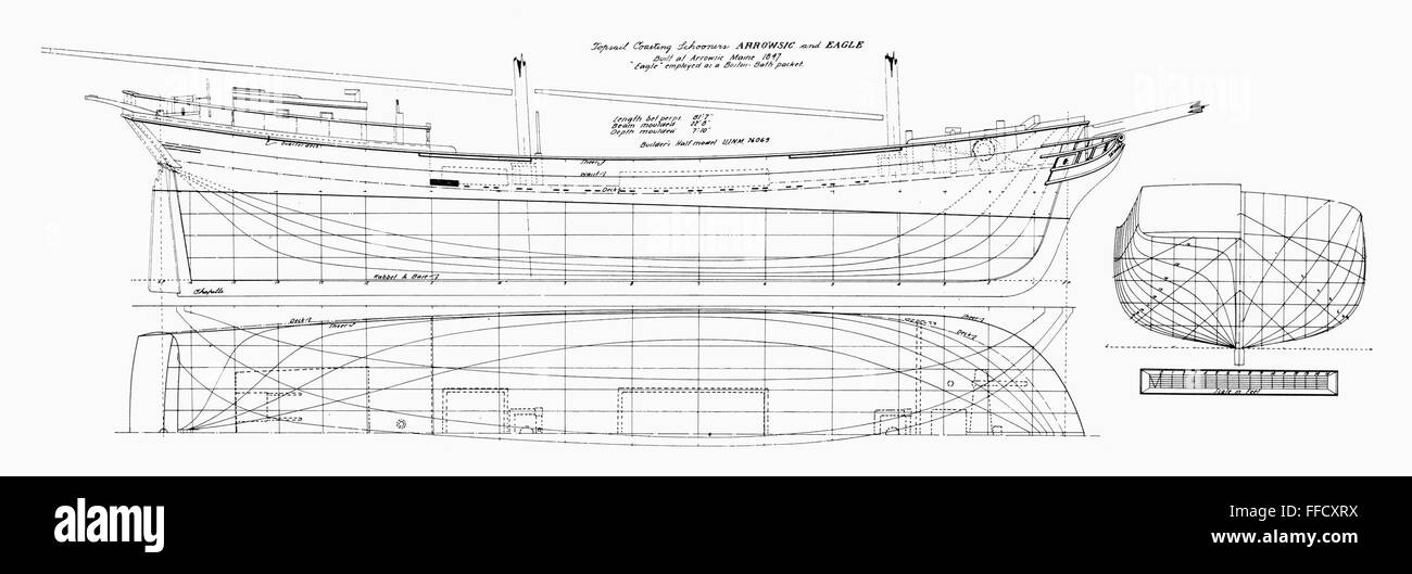 SCHOONER PLANS, 1847. /nLines of the square-topsail coasting schooners ...