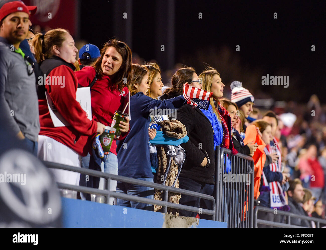 USA fans cheer during the 2016 CONCACAF Women's Olympic Qualifiers between Costa Rica and USA Soccer team, Wednesday Feb. 10th, 2016 at Toyota Stadium in Frisco, Texas.USA wins 5-0.(Manny Flores/Cal Sport Media) © Cal Sport Media/Alamy Live News Stock Photo