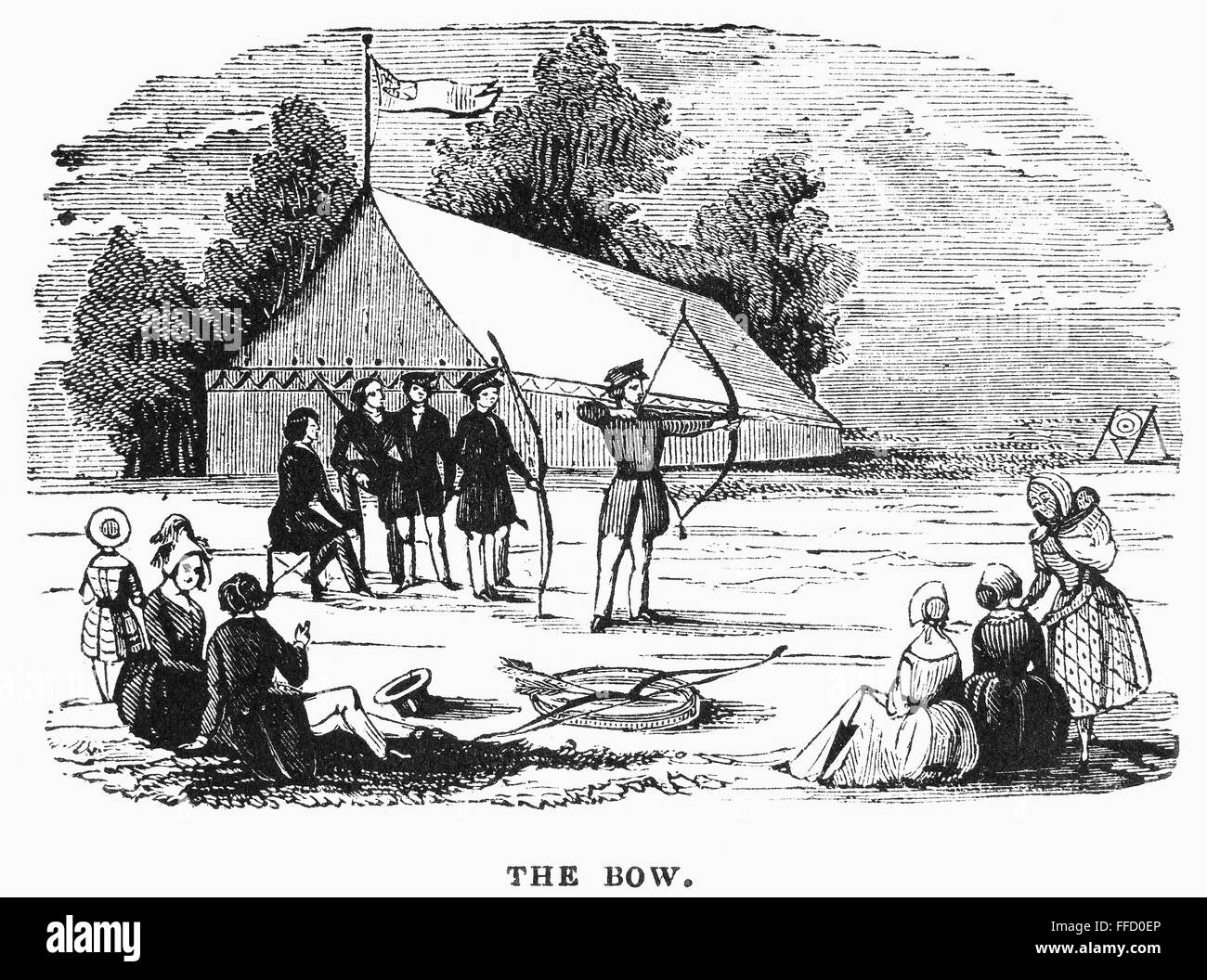 ARCHERY, c1830. /nArchery demonstration at an American military camp on the western frontier. Wood engraving, c1830. Stock Photo